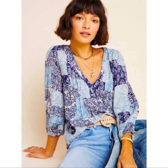 Anthropologie Maeve Paisley Patchwork Cathy Pleated Tunic Top Size M - Picture 2 of 11